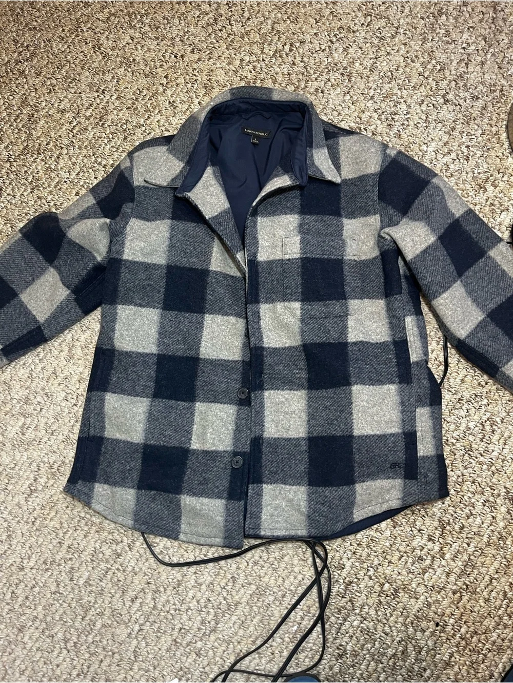 Men's Navy and Gray Plaid Button-Up Jacket Banana Republic size large